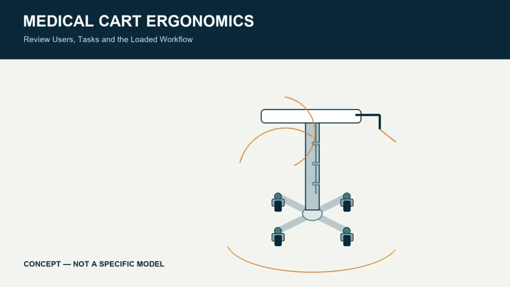 Conceptual four-caster aluminum medical equipment cart showing handle, sightline, access and movement review zones