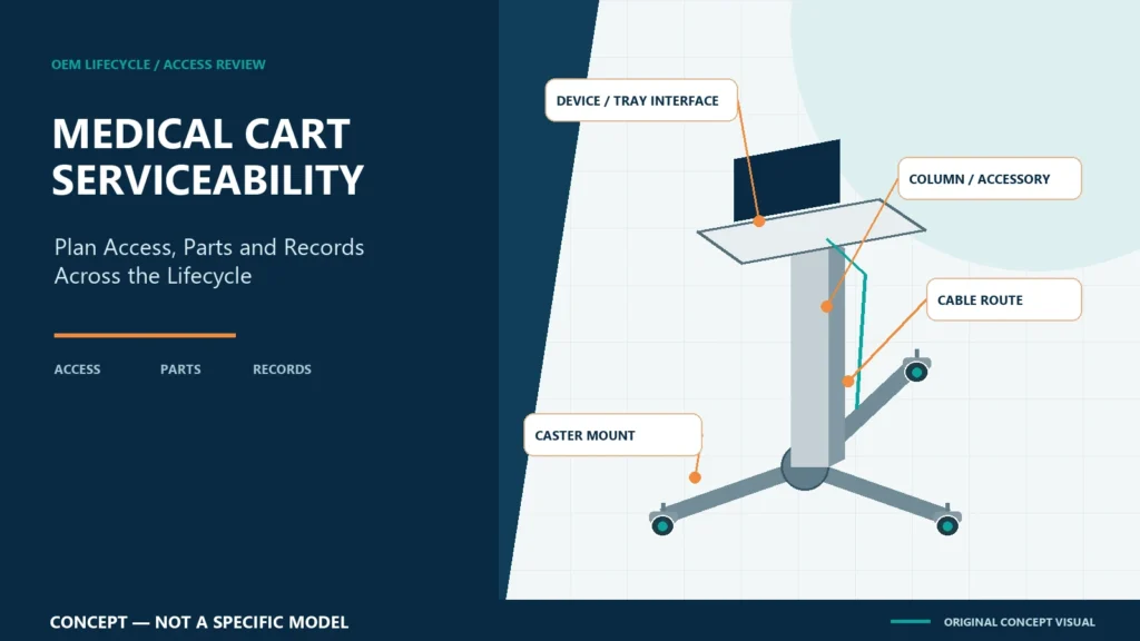 Conceptual three-caster aluminum medical equipment cart with interface, cable and caster service-zone callouts