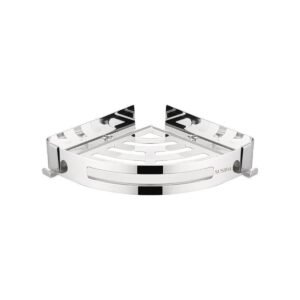 Polished stainless steel triangular corner bathroom shelf on a white background
