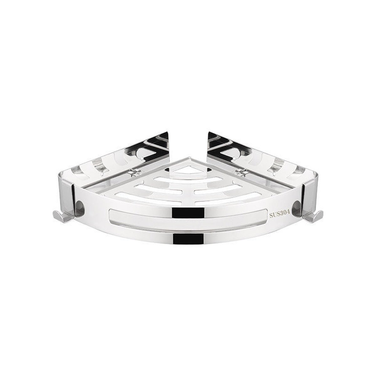 Polished stainless steel triangular corner bathroom shelf on a white background
