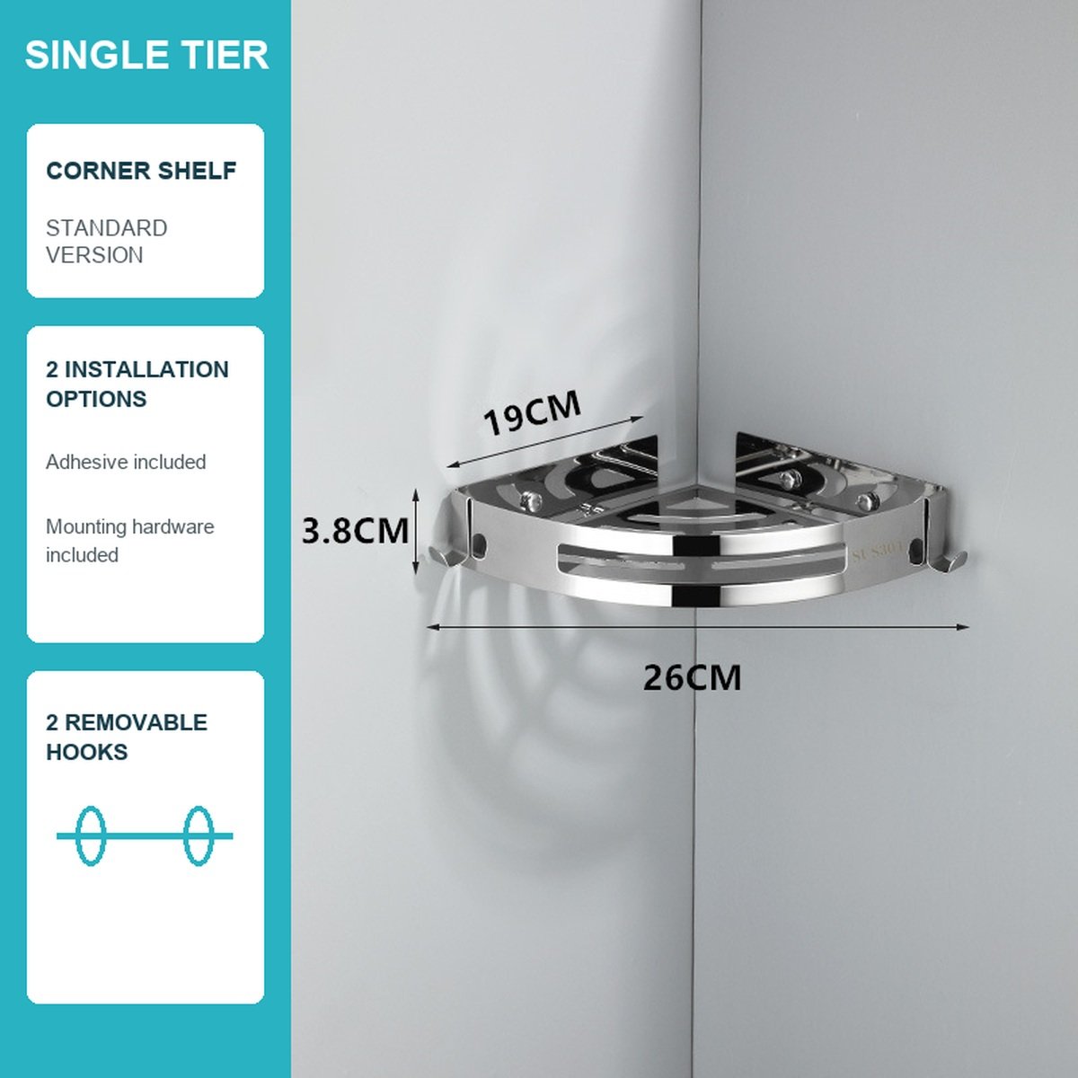 Standard triangular corner shelf variant with listed dimensions