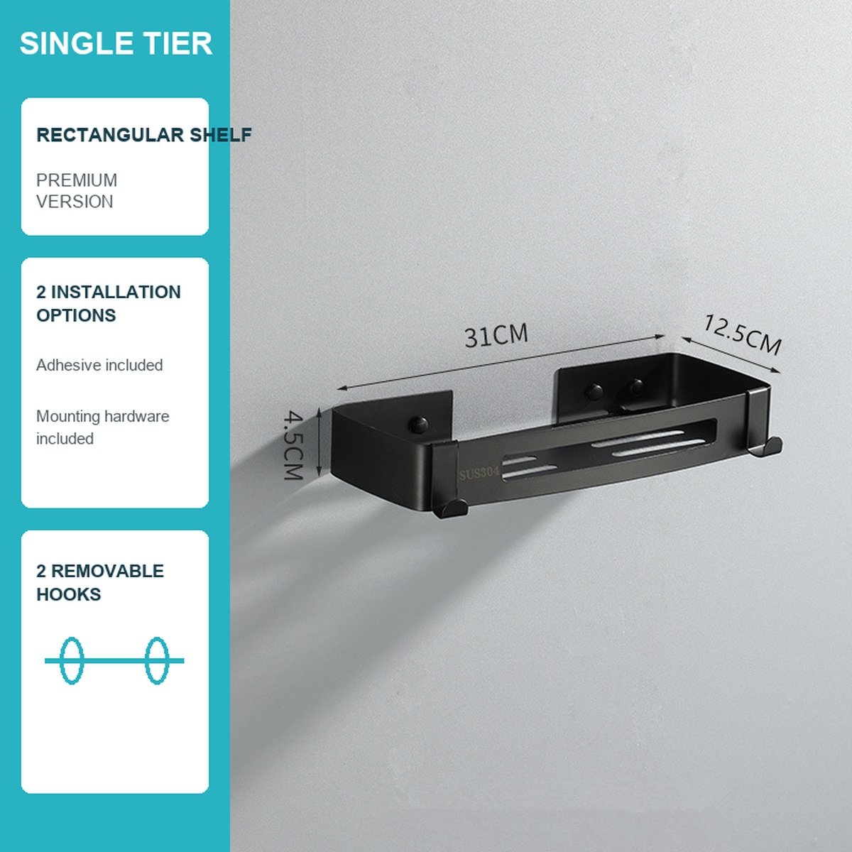 Rectangular bathroom shelf variant with polished wire construction