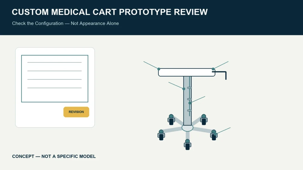 Conceptual five-caster aluminum medical cart prototype with drawing revision and interface inspection callouts
