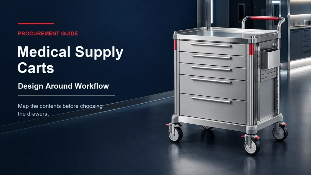 Custom medical supply cart concept with modular drawers and organized storage zones