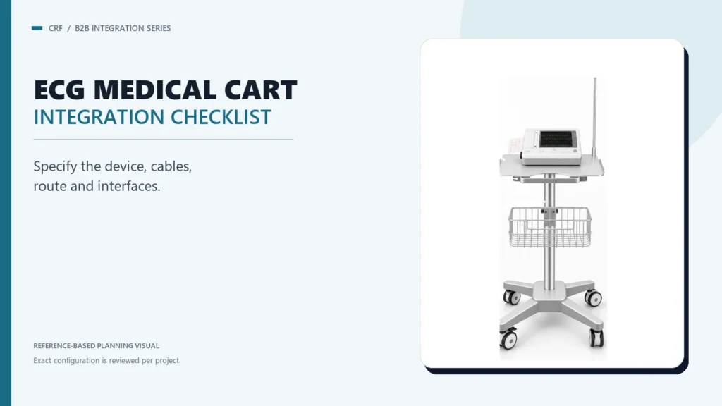 CRF four-caster ECG medical cart in a B2B device integration planning layout