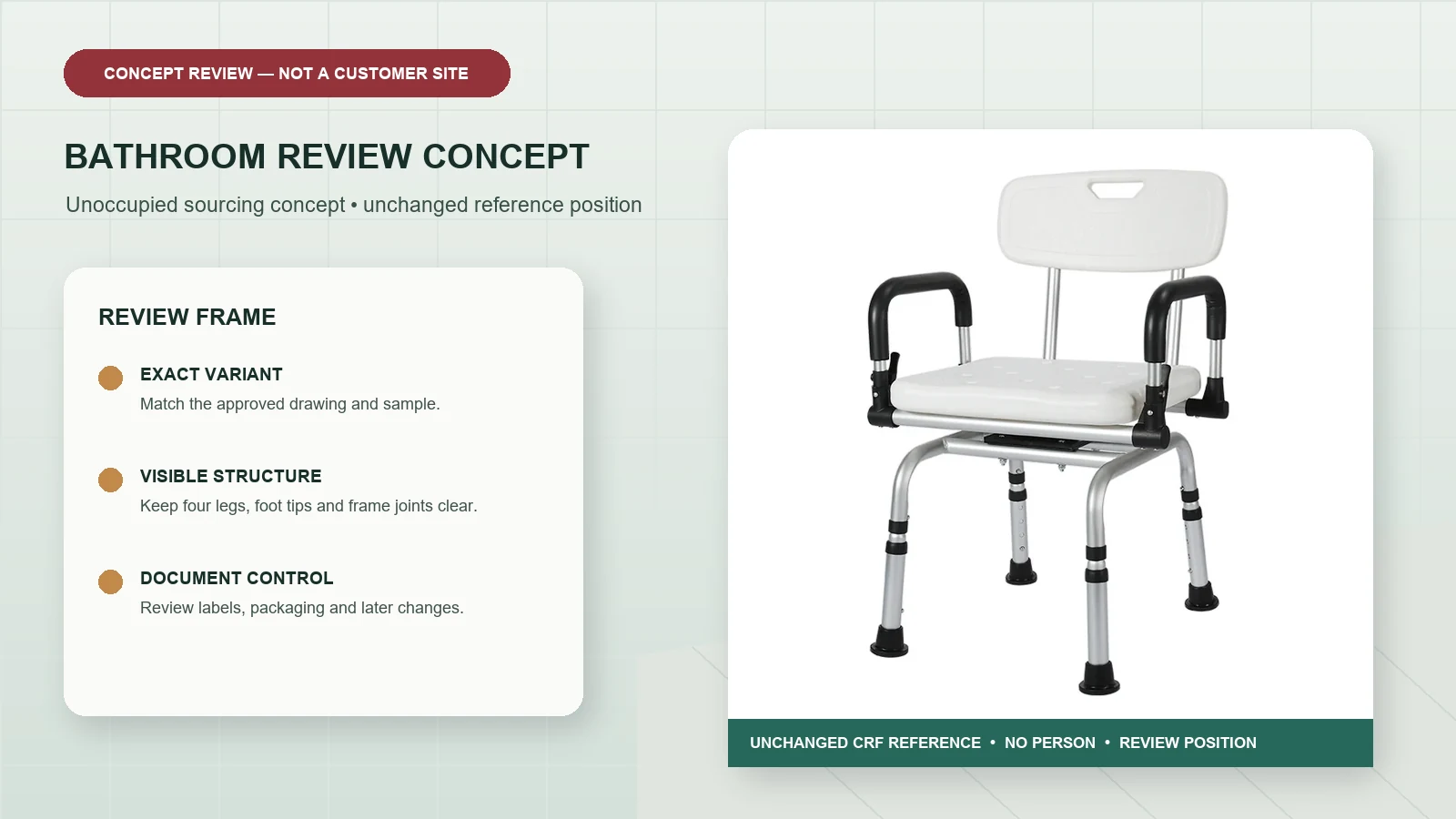 CRF folding shower chair shown in a reference-guided accessible bathroom concept review