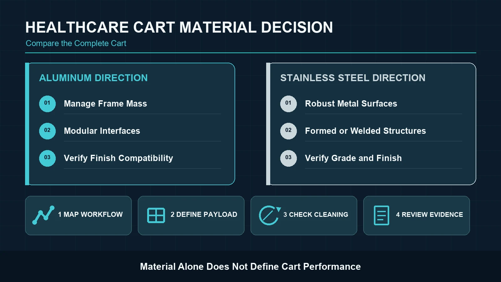 Decision framework comparing aluminum and stainless steel healthcare carts