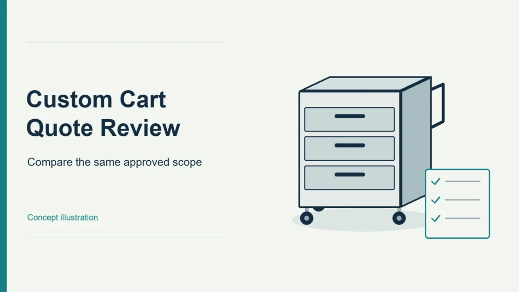 Conceptual metal cart beside a supplier quote review checklist