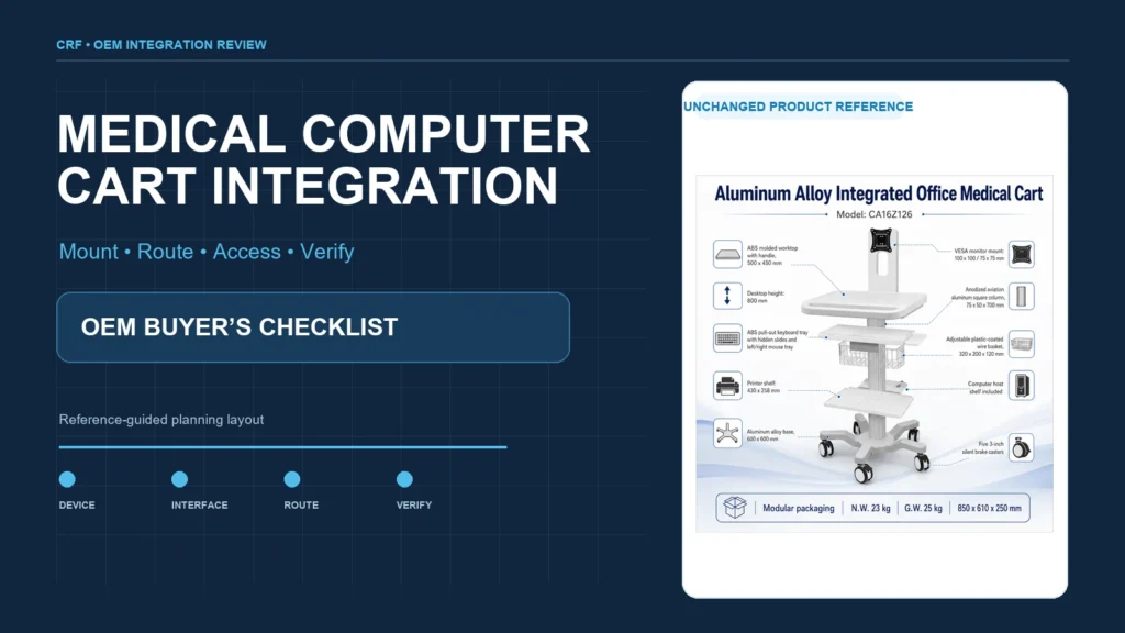 CRF five-caster aluminum medical computer cart in an OEM integration-planning layout