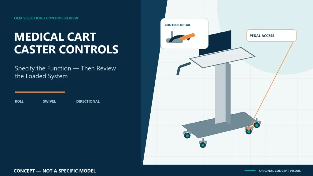 Conceptual four-caster aluminum medical equipment cart with caster brake and steering-control review callout