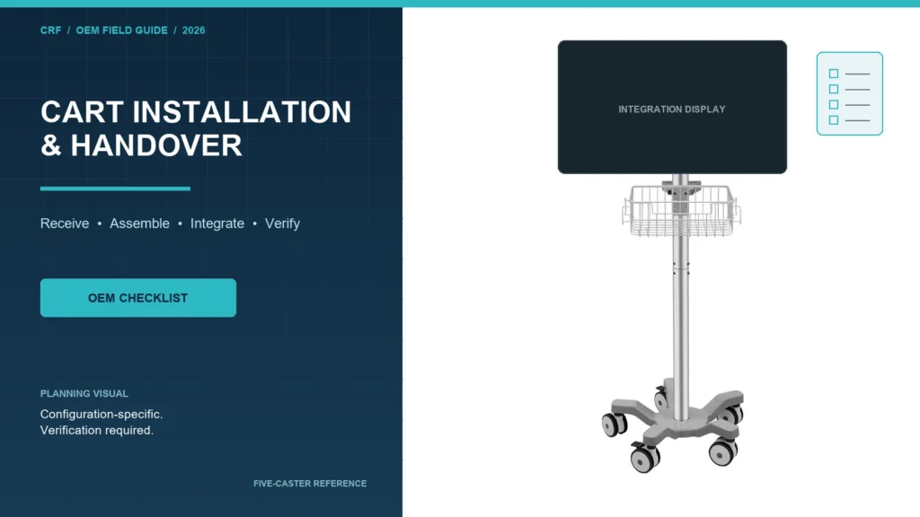 CRF five-caster aluminum medical monitor cart in an OEM installation and handover layout