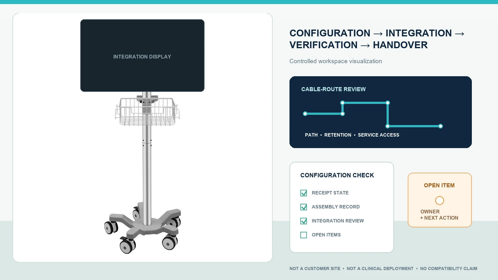 Reference-guided equipment-integration scenario with a five-caster CRF cart, cable-route review and handover checklist