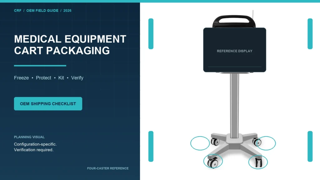 CRF four-caster aluminum medical equipment cart in an OEM packaging-planning layout