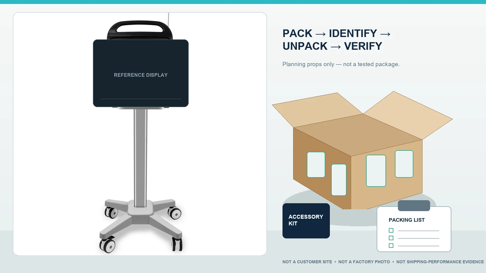 Reference-guided scenario showing a four-caster CRF cart, labeled accessory kit and destination unpacking review