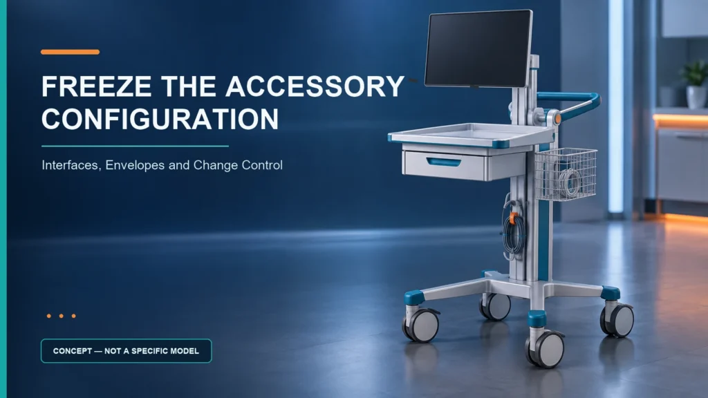 Concept visualization of a four-caster aluminum medical mobile cart with coordinated OEM accessories
