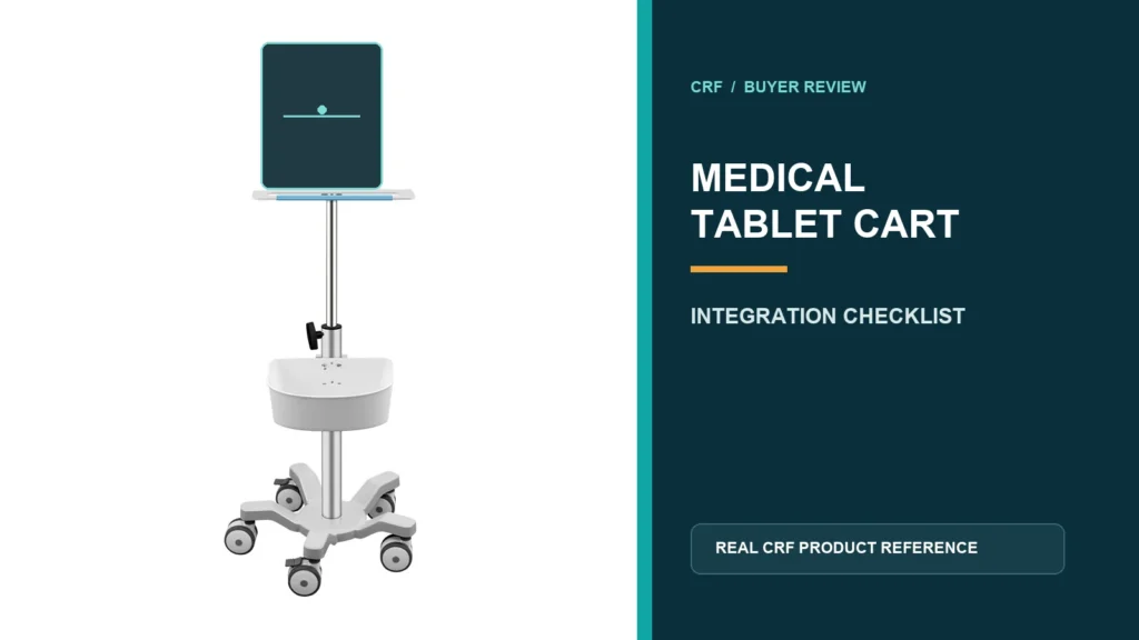 CRF CA15Z047 medical tablet cart in a B2B integration checklist layout.