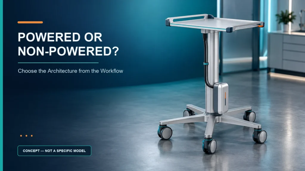 Concept visualization of a five-caster aluminum medical equipment cart during powered versus non-powered architecture review