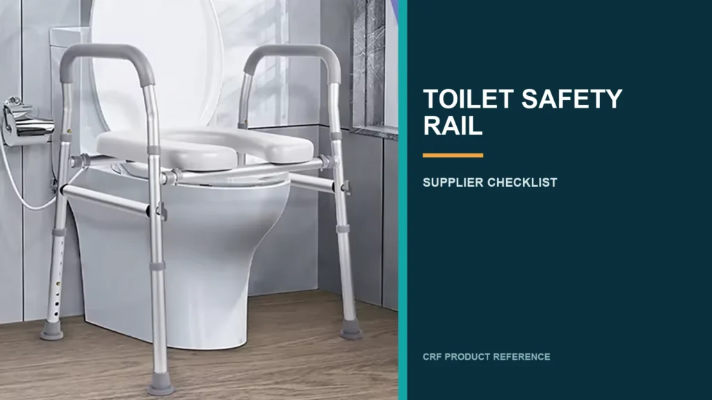 CRF adjustable toilet safety rail in a B2B supplier checklist layout.