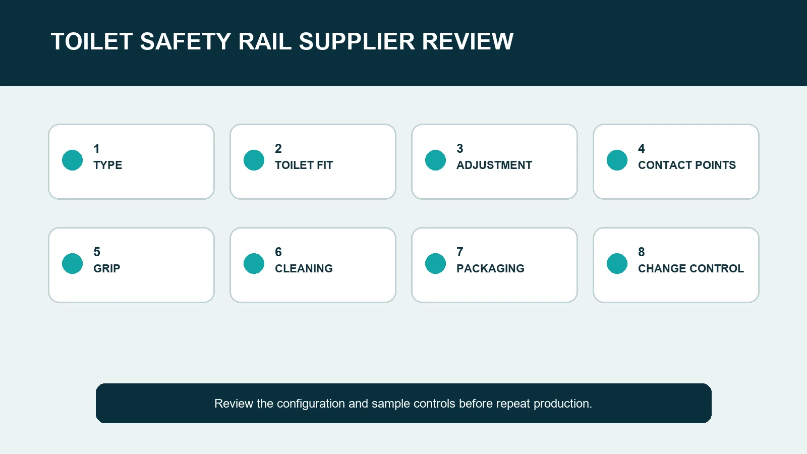 Eight-step toilet safety rail supplier review from product type to change control.