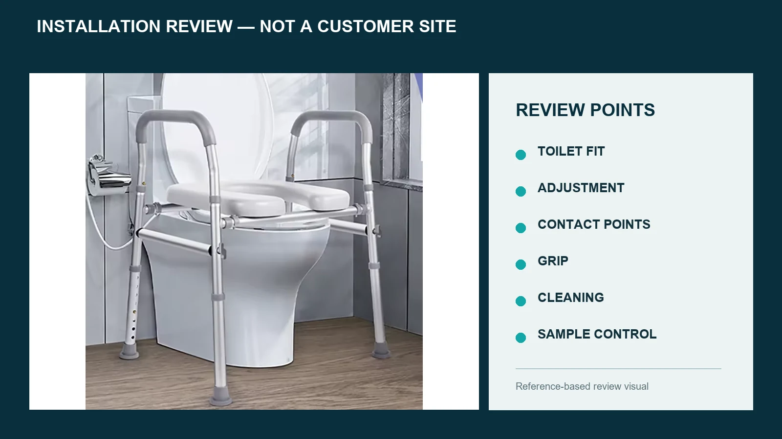 CRF toilet safety rail shown in a reference-based bathroom installation review.