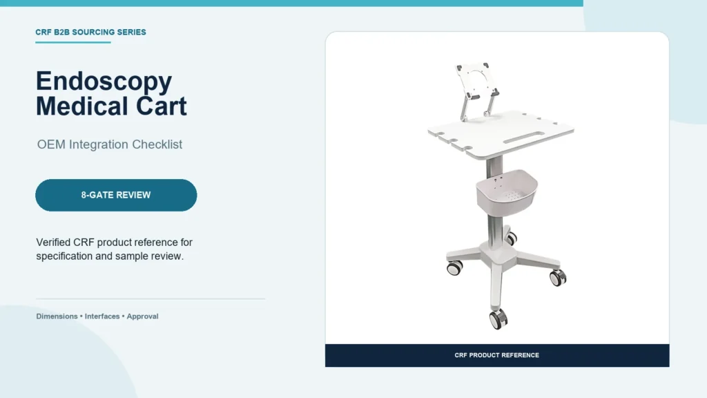 CRF four-caster endoscopy medical cart in an OEM integration checklist layout.