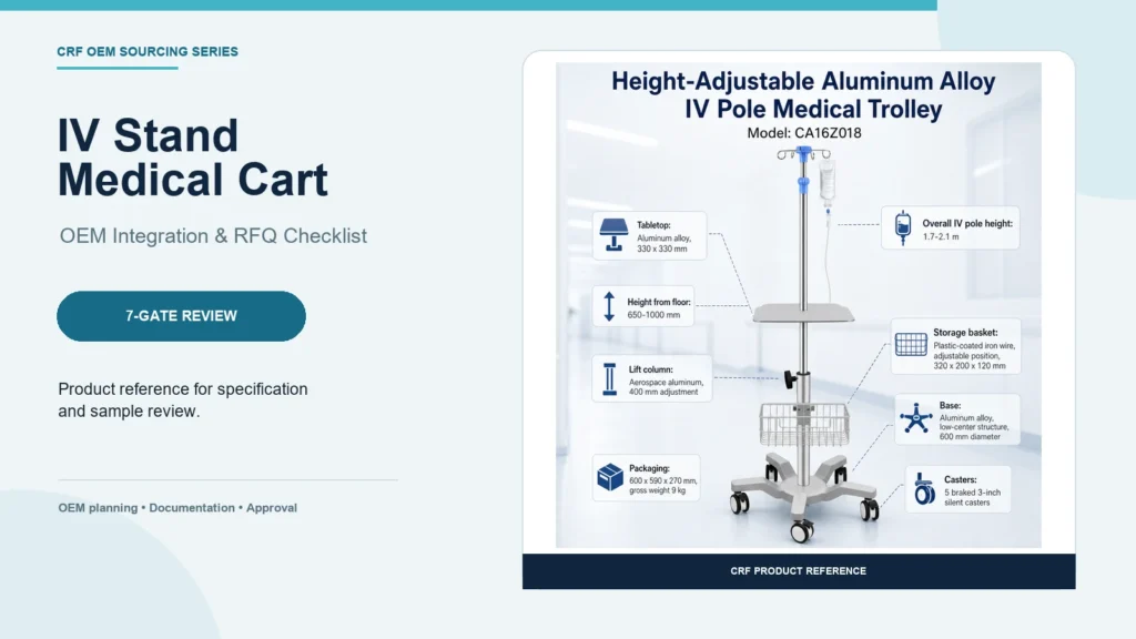 CRF CA16Z018 five-caster IV stand medical cart in an OEM integration checklist layout.