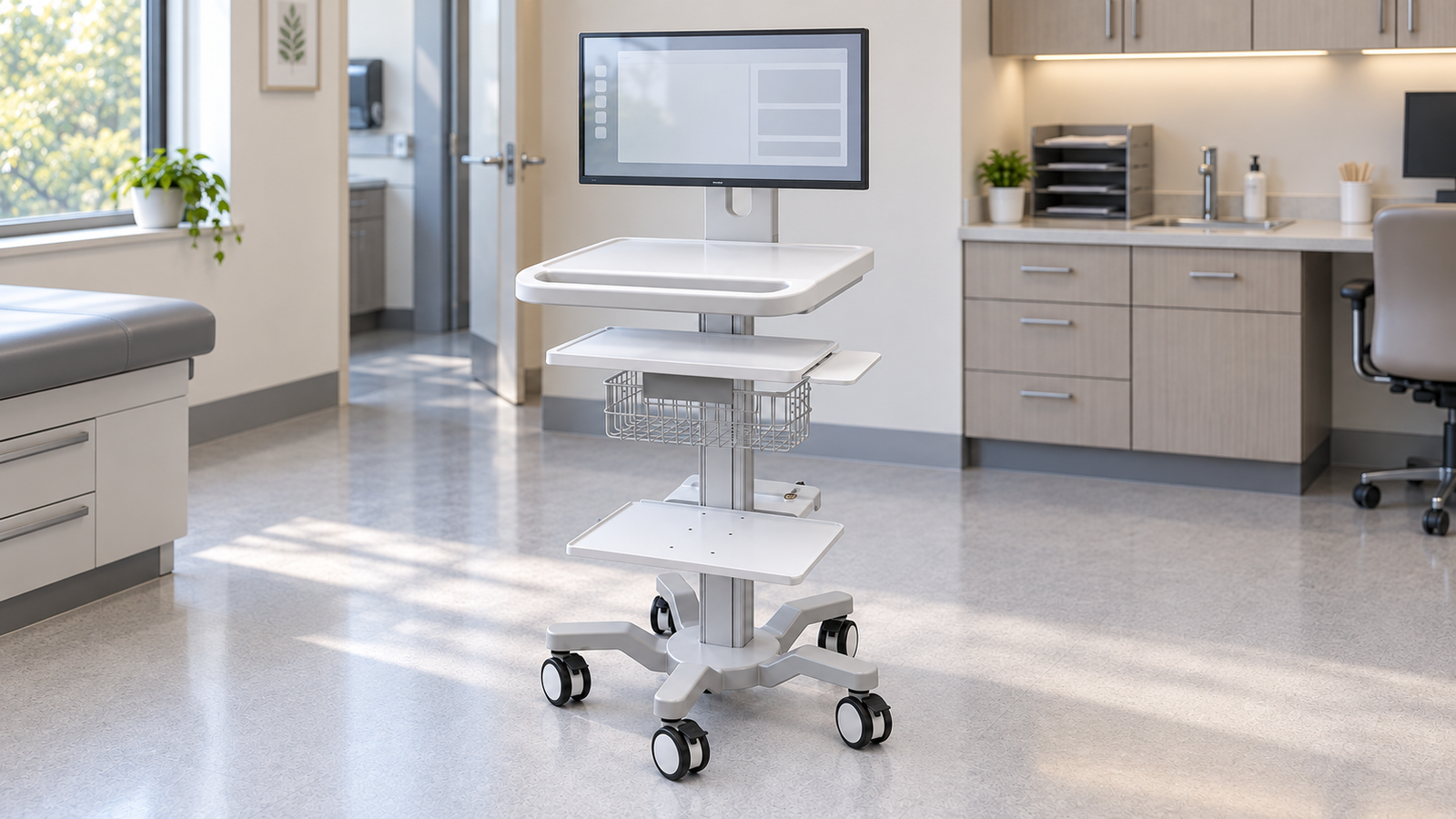 Reference-guided generated scene of a medical computer cart with a large monitor in a clinical workspace.