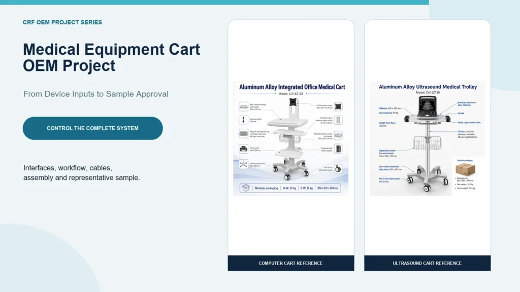 Two verified CRF medical equipment carts used as references for an OEM project workflow.
