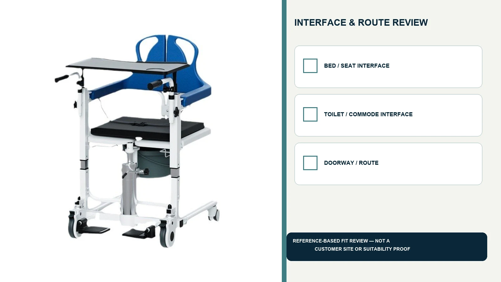 CRF transfer lift chair shown in a reference-based interface review.