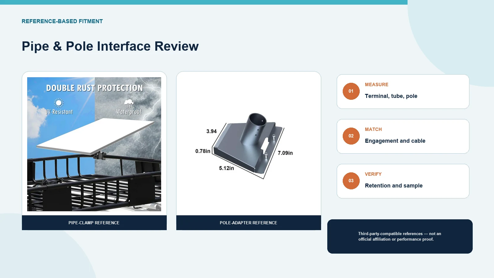 CRF Starlink-compatible mount references in a pipe and pole fitment planning board.