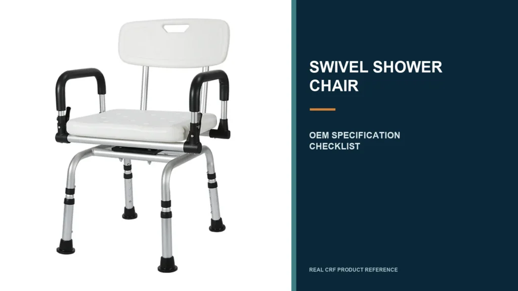 CRF CY0043-2 swivel shower chair in an OEM specification checklist layout.