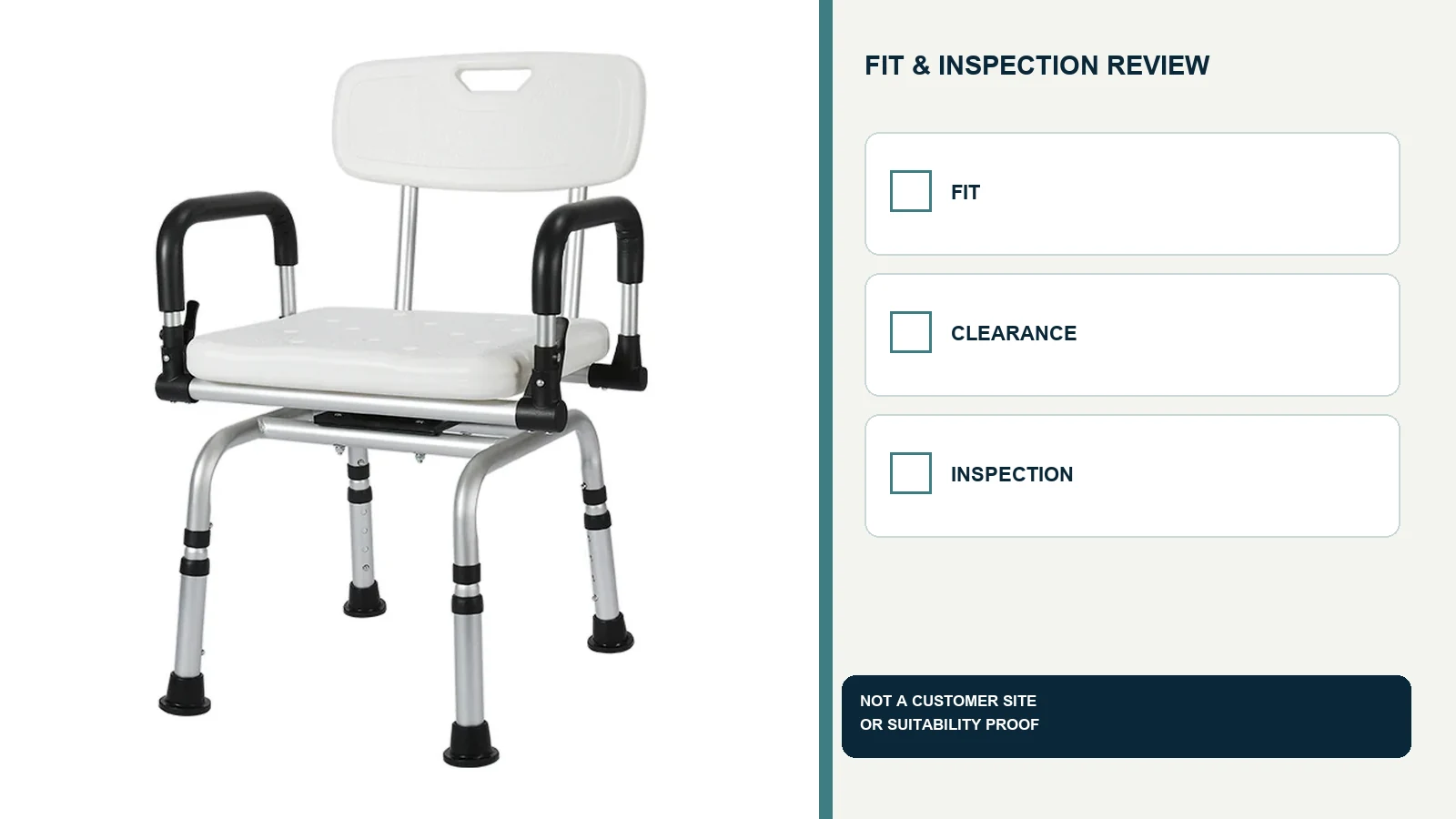 CRF folding swivel shower chair shown in a reference-based fit and inspection review.